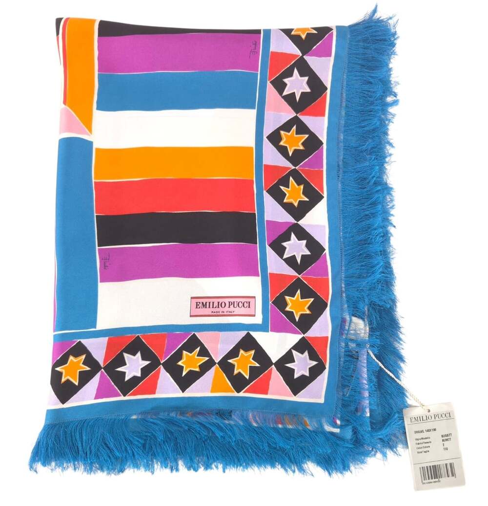 Emilio Pucci Geometric Fringe Shawl Scarf 75" x 55" Womens Multicolor $695
